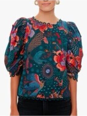 FARM Rio Teal Floral Puff-Sleeve Blouse with Red & Purple Accents